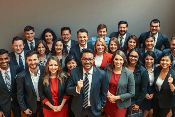 A diverse business team smiling widely.