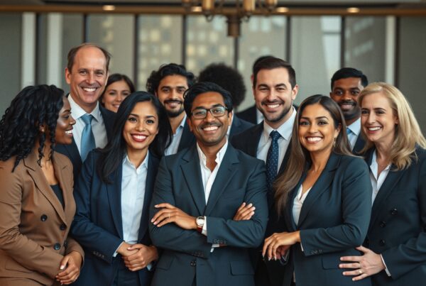 A diverse group of professionals smiles confidently in a modern office setting, showcasing teamwork and inclusivity.