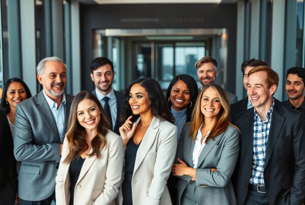 Diverse group of professionals smiling in a modern office setting, showcasing teamwork and success.