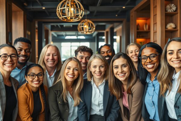 A diverse group of professionals smiling in an office setting.