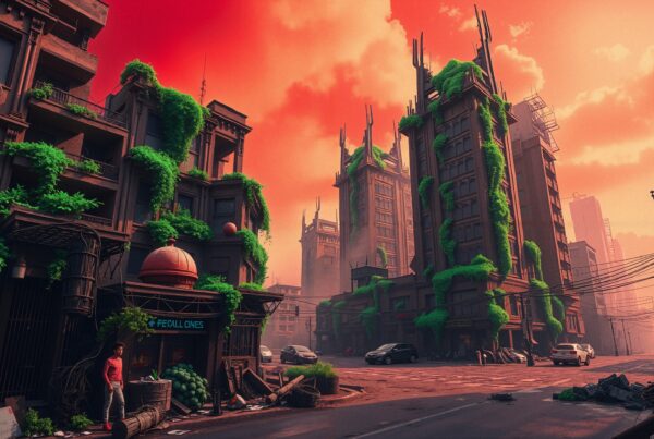 Futuristic cityscape with overgrown vines under a red sky.