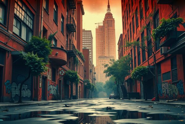 Photograph of an urban street with red brick buildings, graffiti, and a skyscraper in the background reflected in wet pavement.