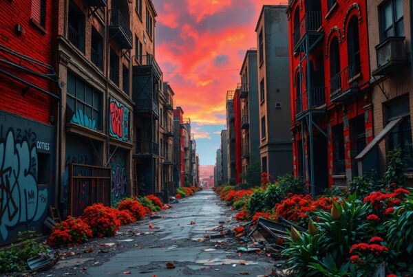 Vibrant graffiti and flowers in sunset-lit urban alley.