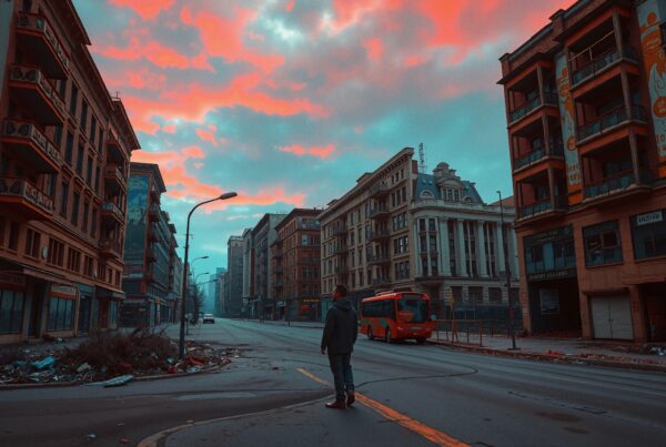 A lone person stands on an empty city street at dusk, surrounded by historic and modern buildings under a colorful sky.