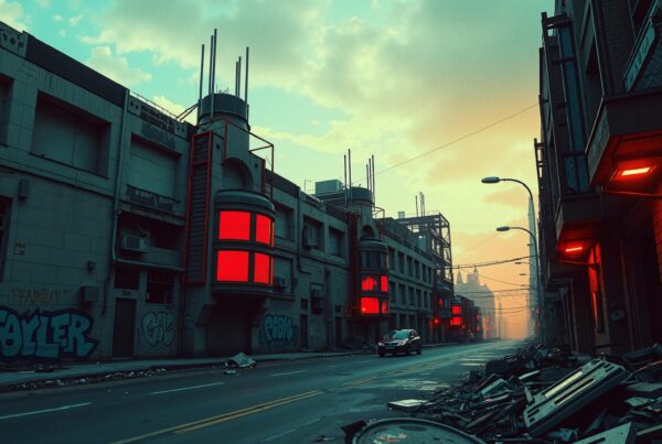 A deserted urban street with glowing red lights under a dramatic sky creates a dystopian atmosphere.