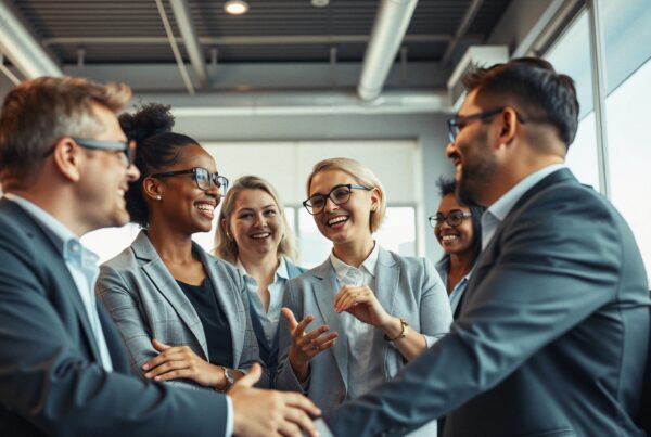 A group of smiling professionals engaged in conversation and shaking hands, highlighting teamwork and positivity in a modern office setting.