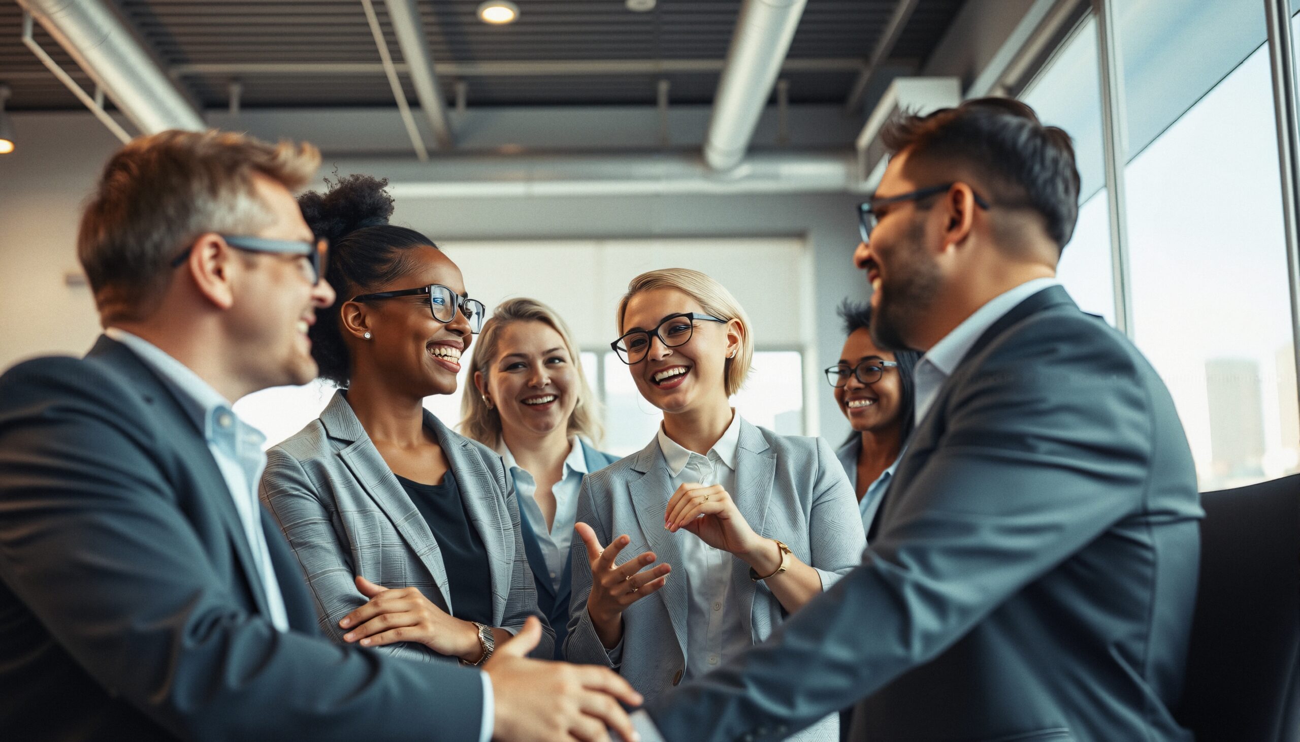 Happy colleagues shaking hands