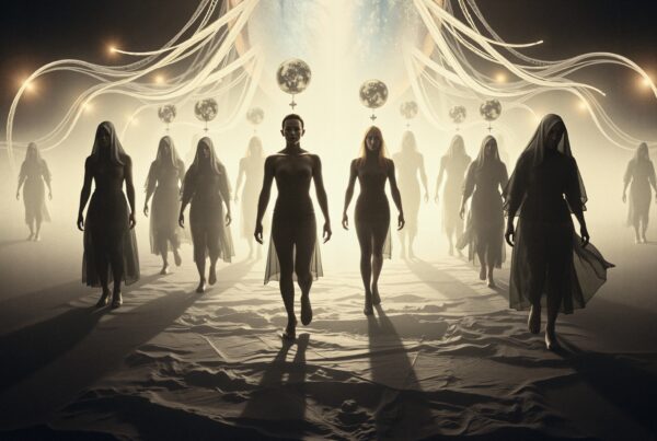 A group of figures in robes and glowing orbs create a mystical ambiance.