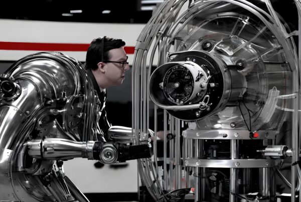 A man examines futuristic technology machinery in a lab.