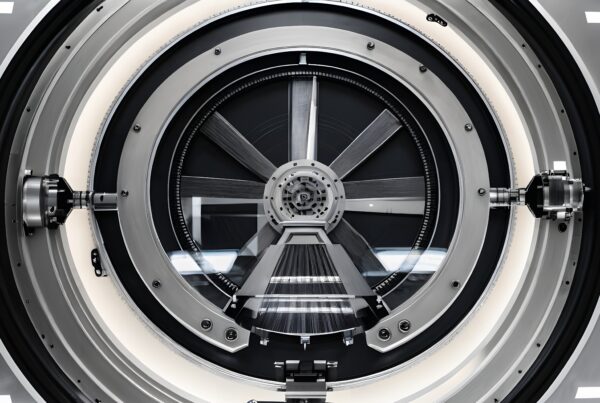Futuristic circular mechanism with intricate design in high-tech setting.