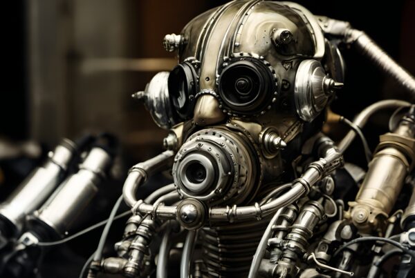 Steampunk-inspired robot head with intricate metallic details and complex design elements.