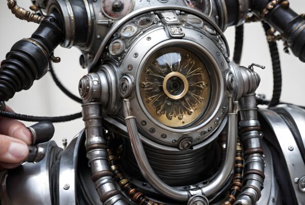 Steampunk-inspired robot with intricate mechanical details, featuring a central eye-like lens surrounded by gears and tubes.