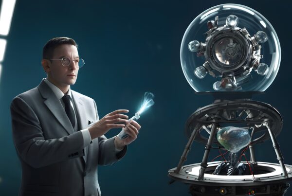 A focused scientist examines a glowing device beside a complex futuristic machine.
