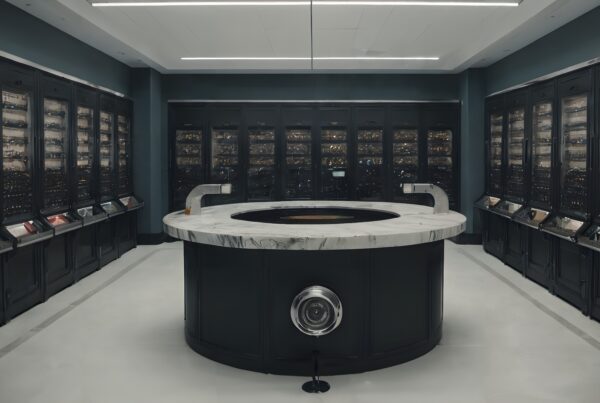 Futuristic showroom featuring a sleek marble-top table surrounded by illuminated cabinets.