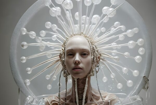 A futuristic figure with ethereal halo of translucent rods.