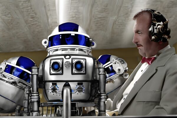 Retro futuristic scene of a man and a robot interacting, blending vintage and advanced technology aesthetics.
