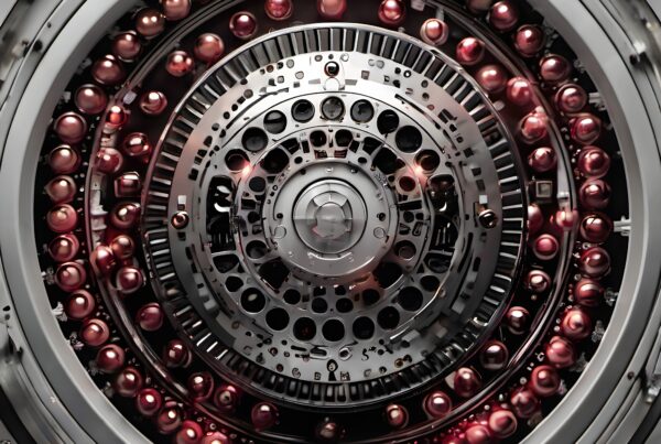 Intricate circular machine with metallic gears and red spheres.