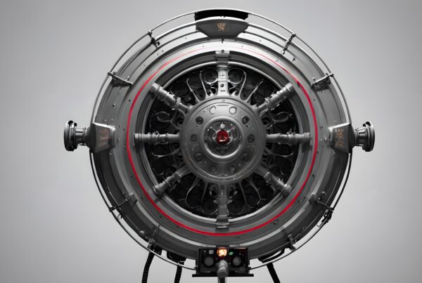 A highly detailed, futuristic mechanical device with a circular design and intricate components on a minimalistic background.