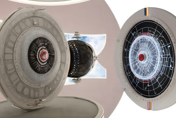 A futuristic circular structure with a red core and advanced geometric interface against a sky backdrop.