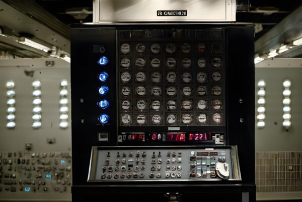 Vintage industrial control panel with gauges and switches in a dimly lit room.