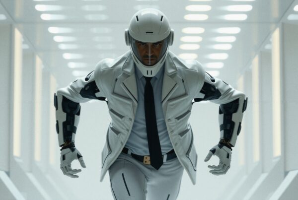 A futuristic figure in a high-tech suit stands in a modern, illuminated corridor, embodying sci-fi themes and advanced technology.