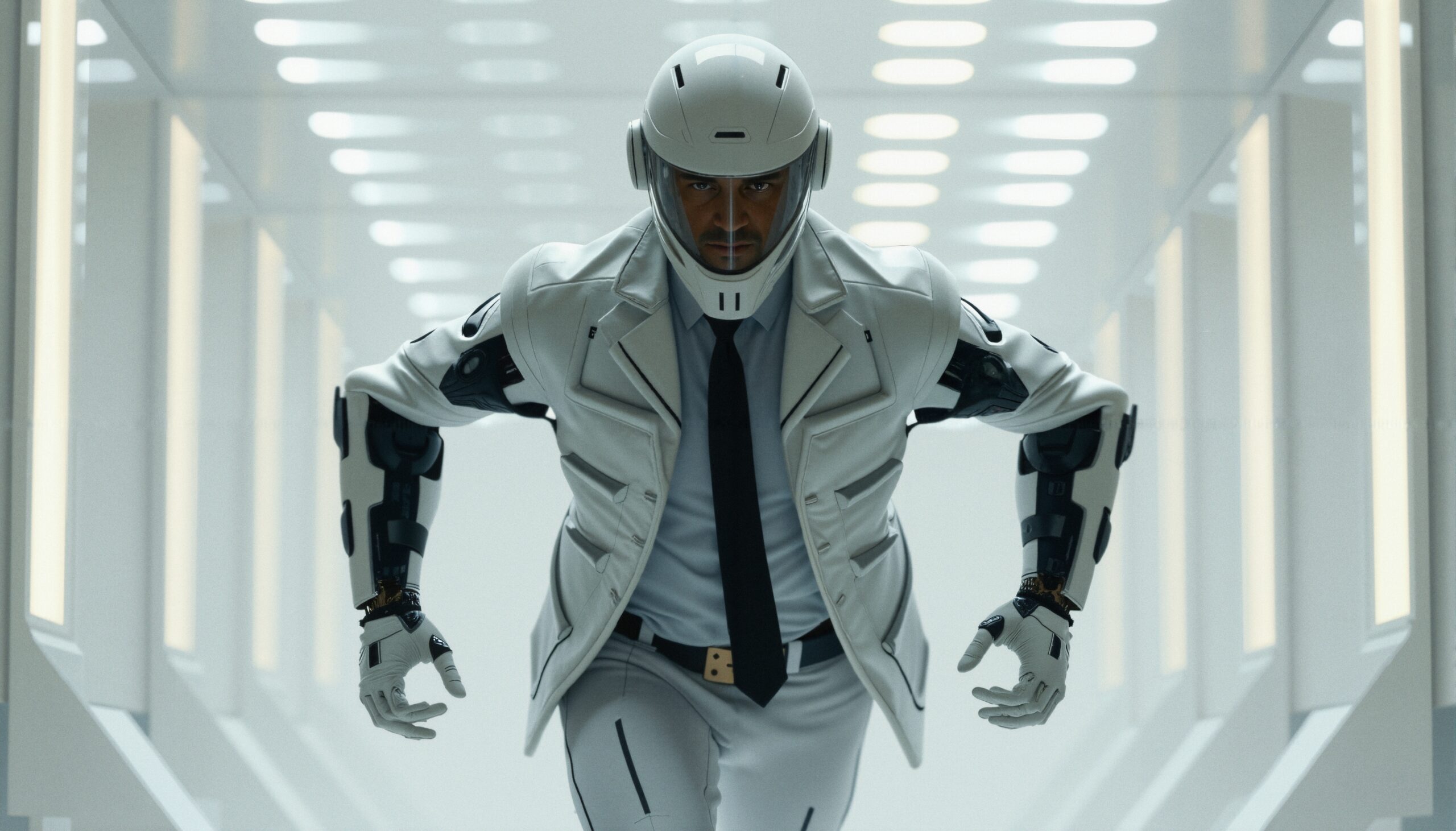 Futuristic Cyborg in Sci-Fi Corridor