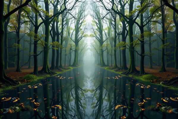 Misty forest with serene water reflections and sunlit canopy.