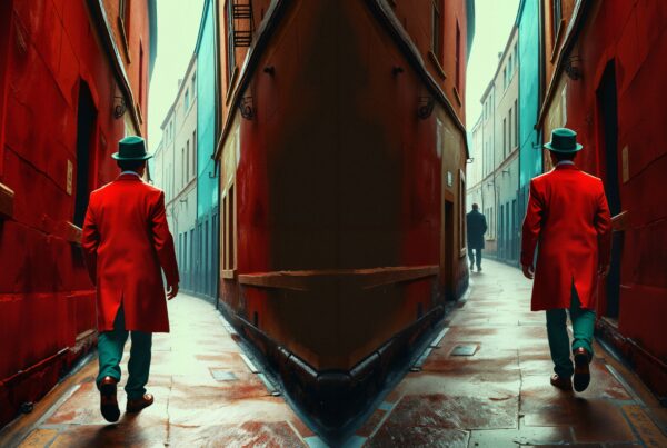 A vibrant alley with red walls, two figures in red coats and teal hats walking through mirrored passages.