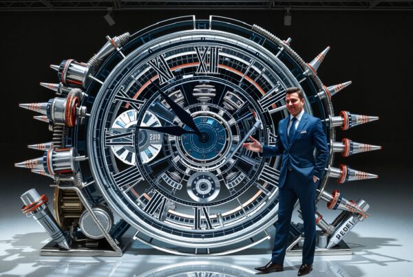 A man in a blue suit stands next to a large, intricate mechanical clock with a futuristic design.