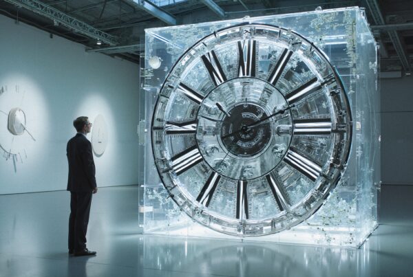 A man observes a massive, transparent clock installation showcasing intricate engineering and modern art in an industrial exhibition space.