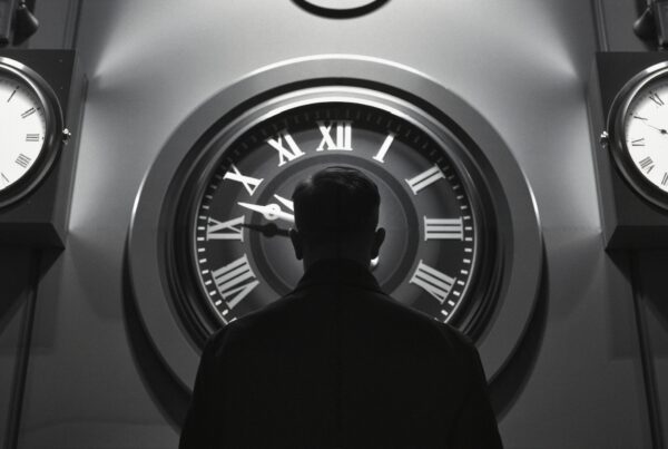 Silhouette of a person facing large wall clocks with Roman numerals, creating a mysterious and vintage feel.