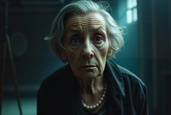 Close-up of an elderly woman with a thoughtful expression, wearing a pearl necklace, captured in soft lighting.