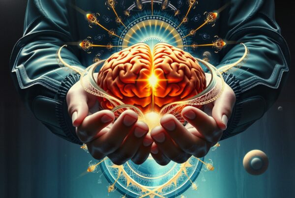 A futuristic scene with hands cradling a glowing brain surrounded by mystical energy.