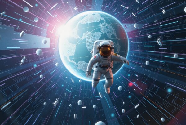 Astronaut floating in digital cosmic space with Earth backdrop.