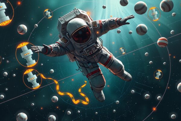 Astronaut in space surrounded by illuminated spheres and futuristic elements.