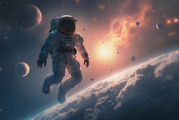 Astronaut floating in space surrounded by planets and stars.