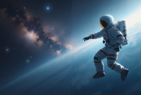 Astronaut drifting in space, surrounded by a stunning starscape and cosmic nebula.
