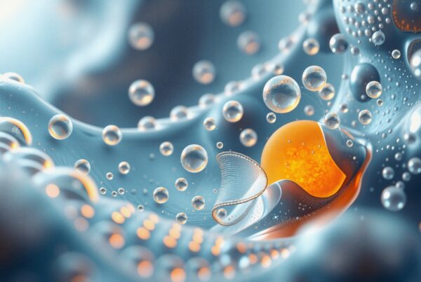 Abstract image of an orange sphere with bubbles and translucent structures against a blue background, evoking a futuristic landscape.