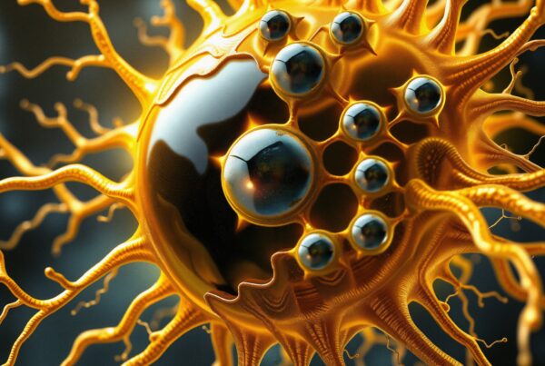 Detailed 3D rendering of a golden, abstract molecular cell-like structure with intricate tendrils.