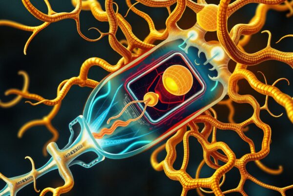 A futuristic design showing glowing, interconnected organic tendrils and a central orb.