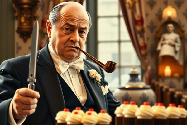 A distinguished elderly man with a pipe, holding a knife near a table of cupcakes in an elegantly decorated room.