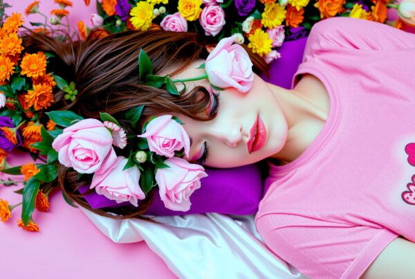 A woman adorned with pastel flowers lies peacefully on a vibrant floral backdrop with closed eyes.