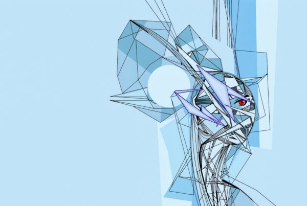 Abstract geometric art with sharp shapes and a central eye motif on a blue background.