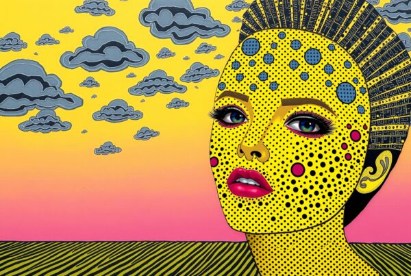 A vibrant pop art portrait with polka-dot face, futuristic patterns, and stylized clouds in a colorful sunset.