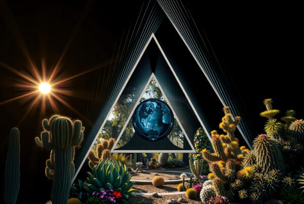 Geometric portal blending nature and cosmos with vibrant cacti surrounding Earth depiction.