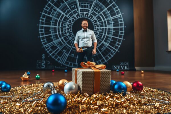 Gift box on golden surface with man and schematic backdrop.