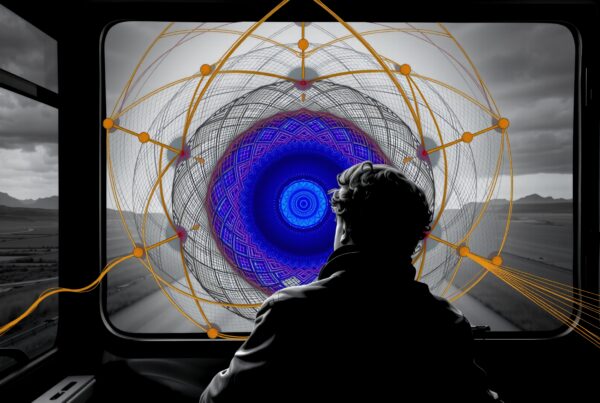 A person gazes at an intricate digital mandala and surreal landscape through a train window.