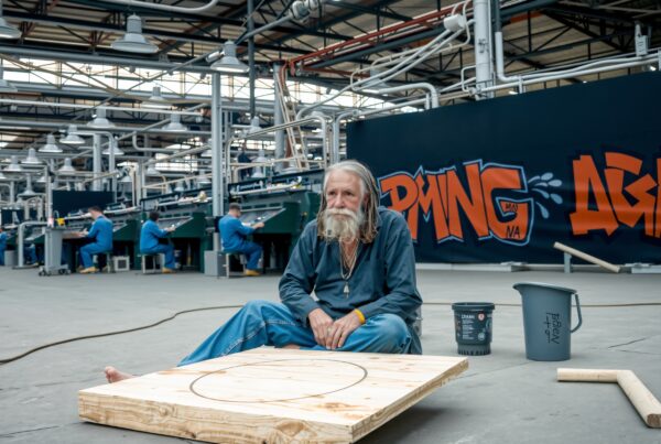 A man sitting in a workshop surrounded by woodworking tools and industrial machinery with graffiti art in the background.