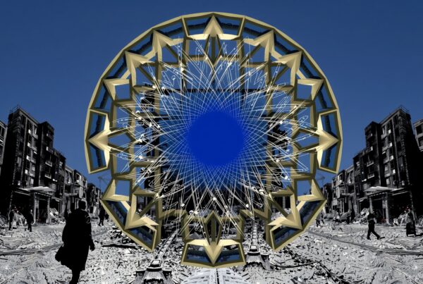 Futuristic geometric structure over urban ruins, blue sky.