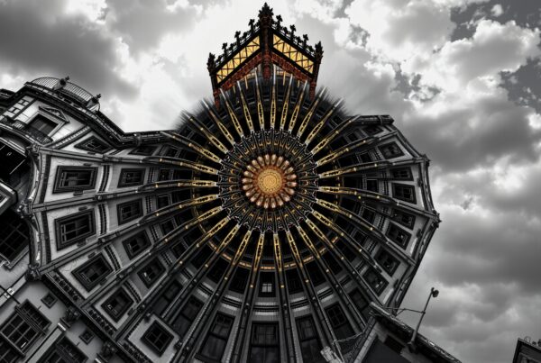 Surreal architecture blending with dramatic clouds.